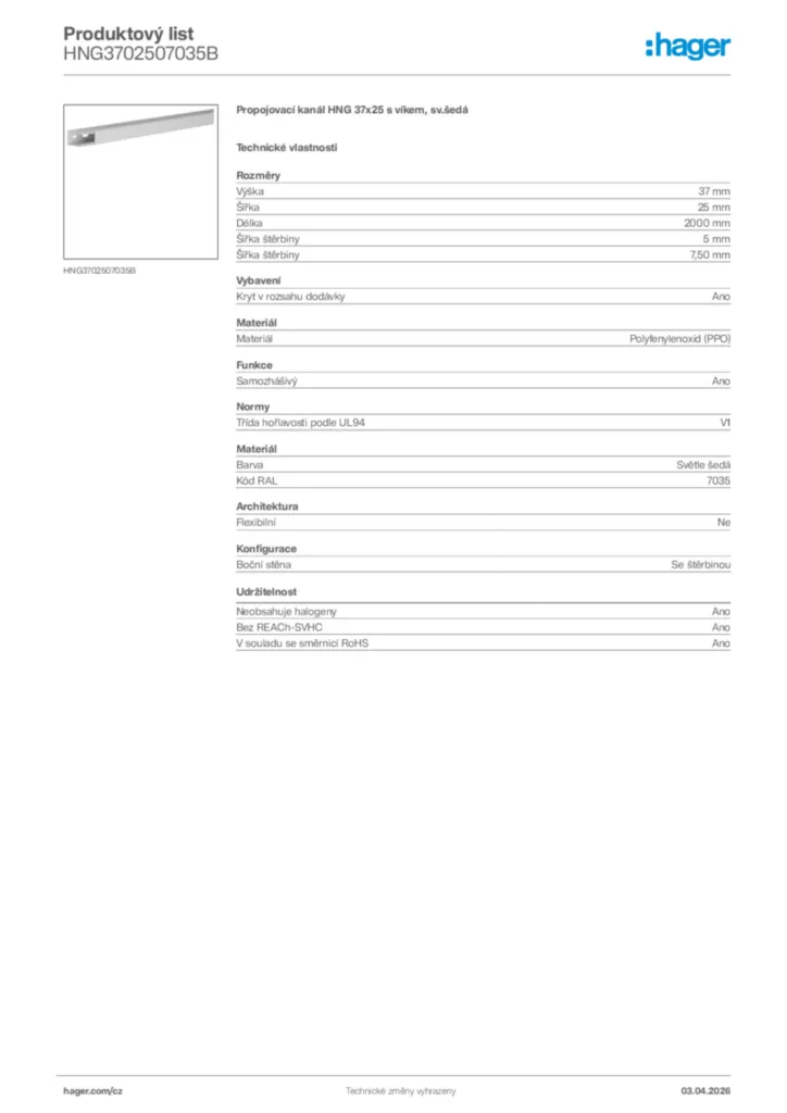 Obrázek Hager Product data sheet HNG3702507035B | Hager