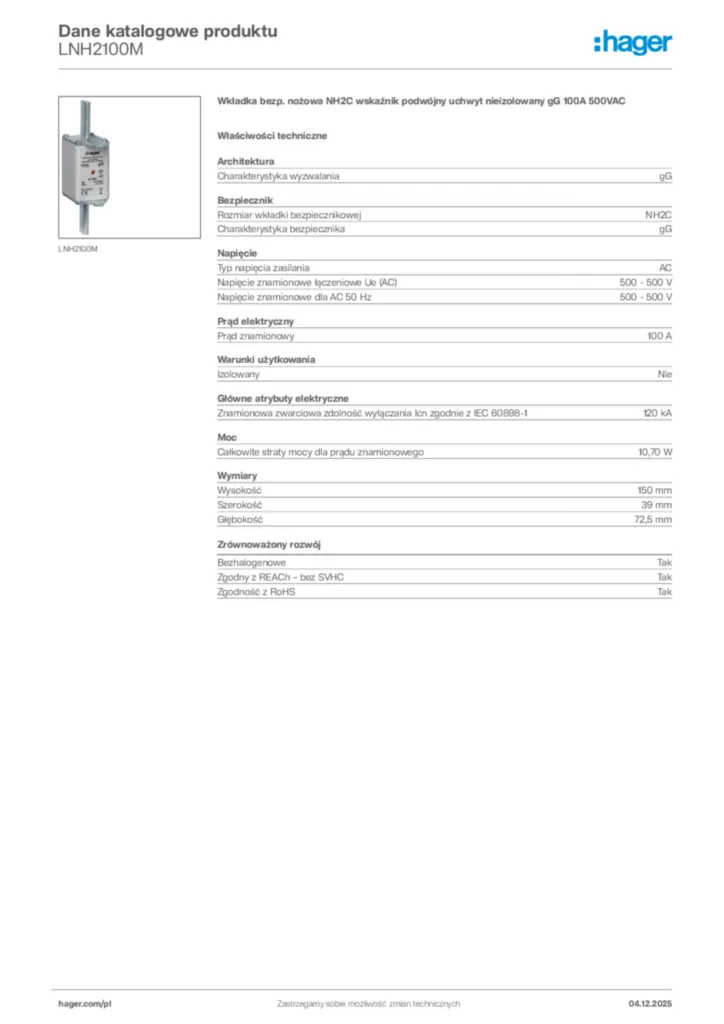 Zdjęcie Hager Dane katalogowe produktu LNH2100M | Hager Polska