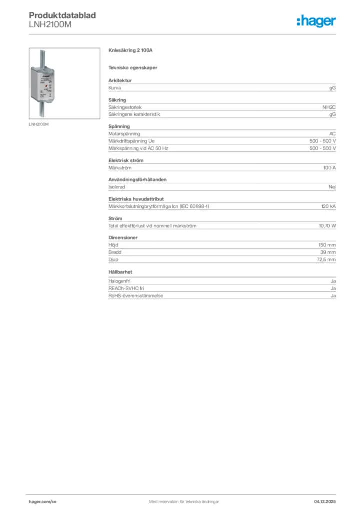 Bild Hager Produktdatablad LNH2100M | Hager Sverige