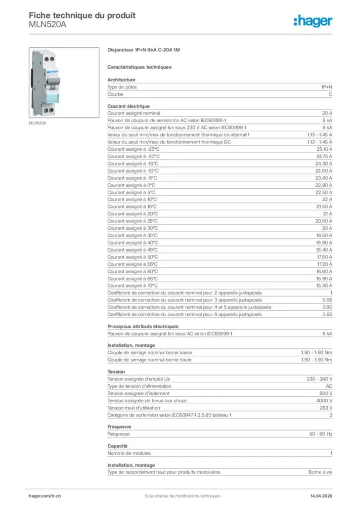 Image Hager Fiche technique du produit MLN520A | Hager Suisse