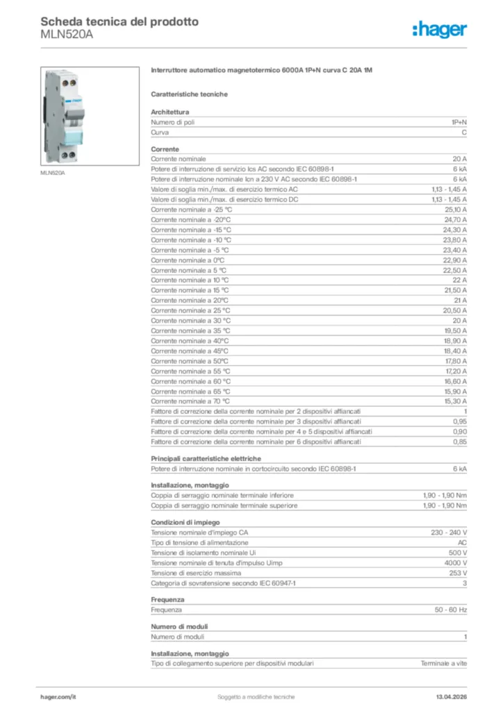 Immagine Hager Scheda tecnica del prodotto MLN520A | Hager Italia
