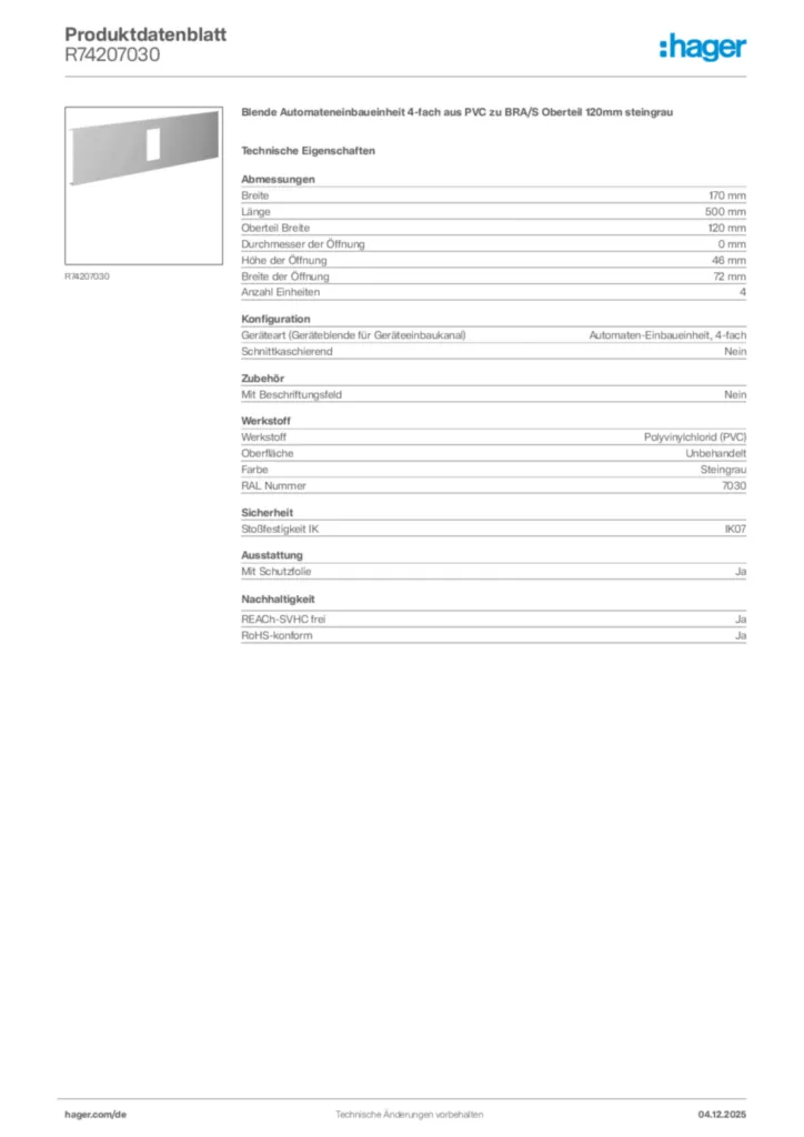 Bild Hager Produktdatenblatt R74207030 | Hager Deutschland