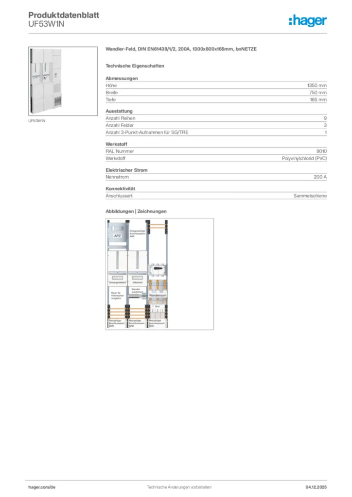 Bild Hager Produktdatenblatt UF53W1N | Hager Deutschland