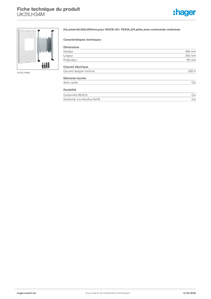 Image Hager Fiche technique du produit UK31LH34M | Hager Belgique