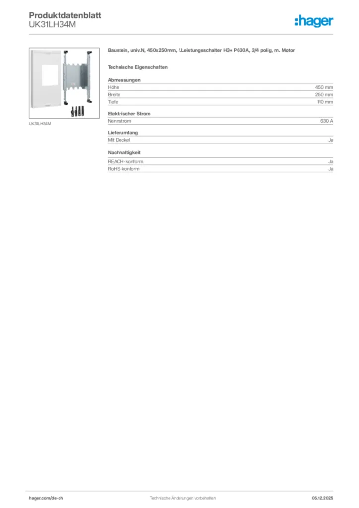 Bild Hager Produktdatenblatt UK31LH34M | Hager Schweiz