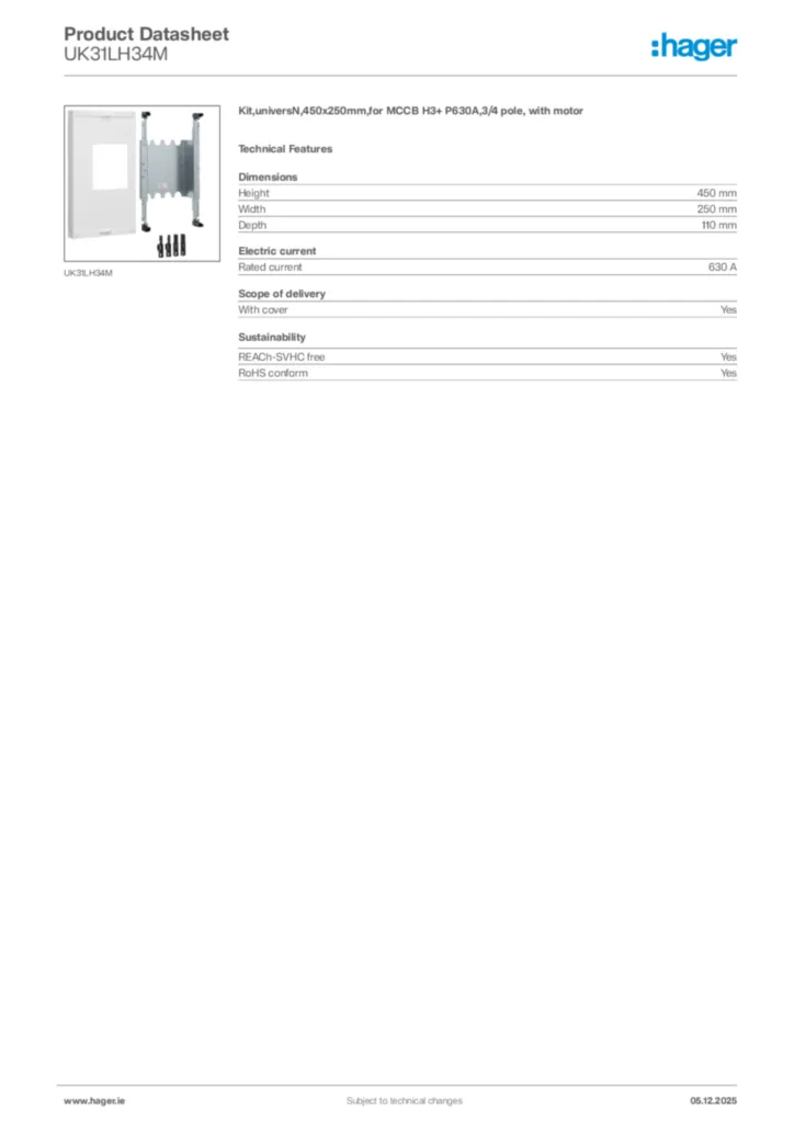 Image Hager Product data sheet UK31LH34M  | Hager