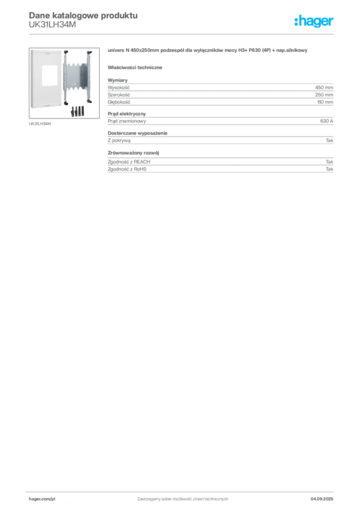 Zdjęcie Hager Dane katalogowe produktu UK31LH34M | Hager Polska