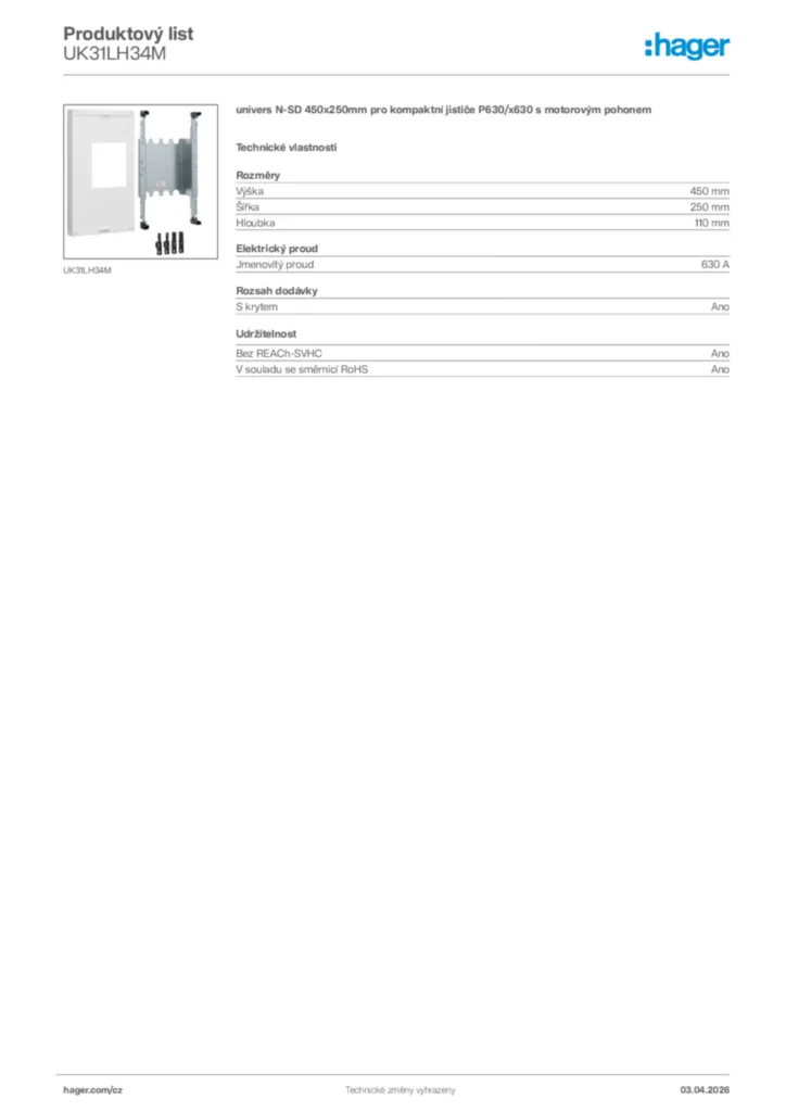 Obrázek Hager Product data sheet UK31LH34M | Hager