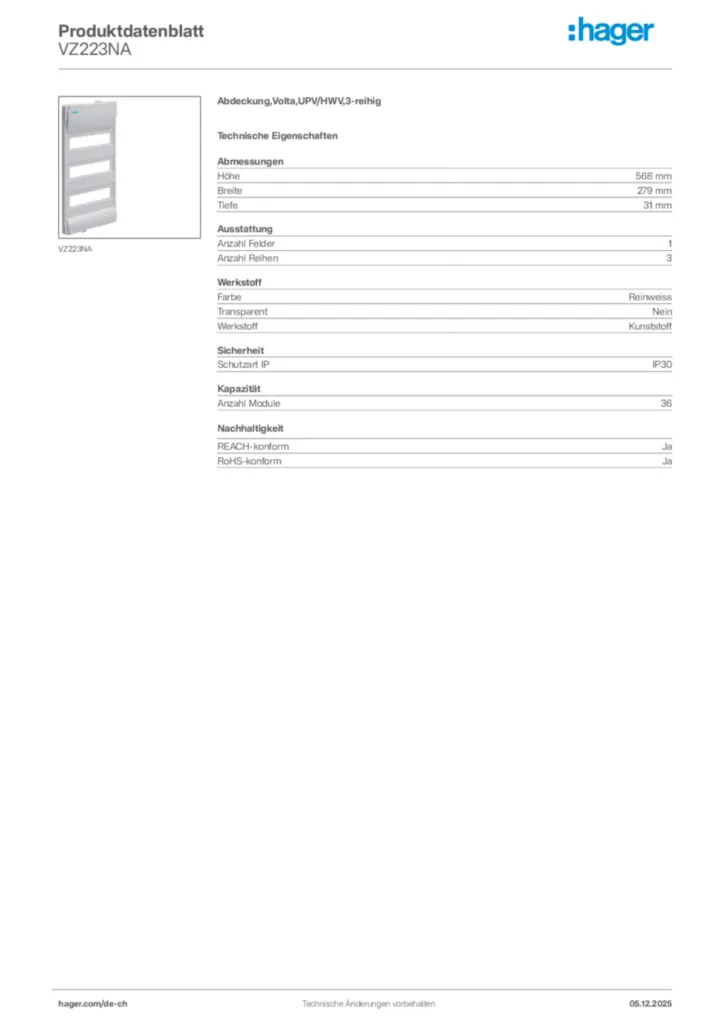 Bild Hager Produktdatenblatt VZ223NA | Hager Schweiz