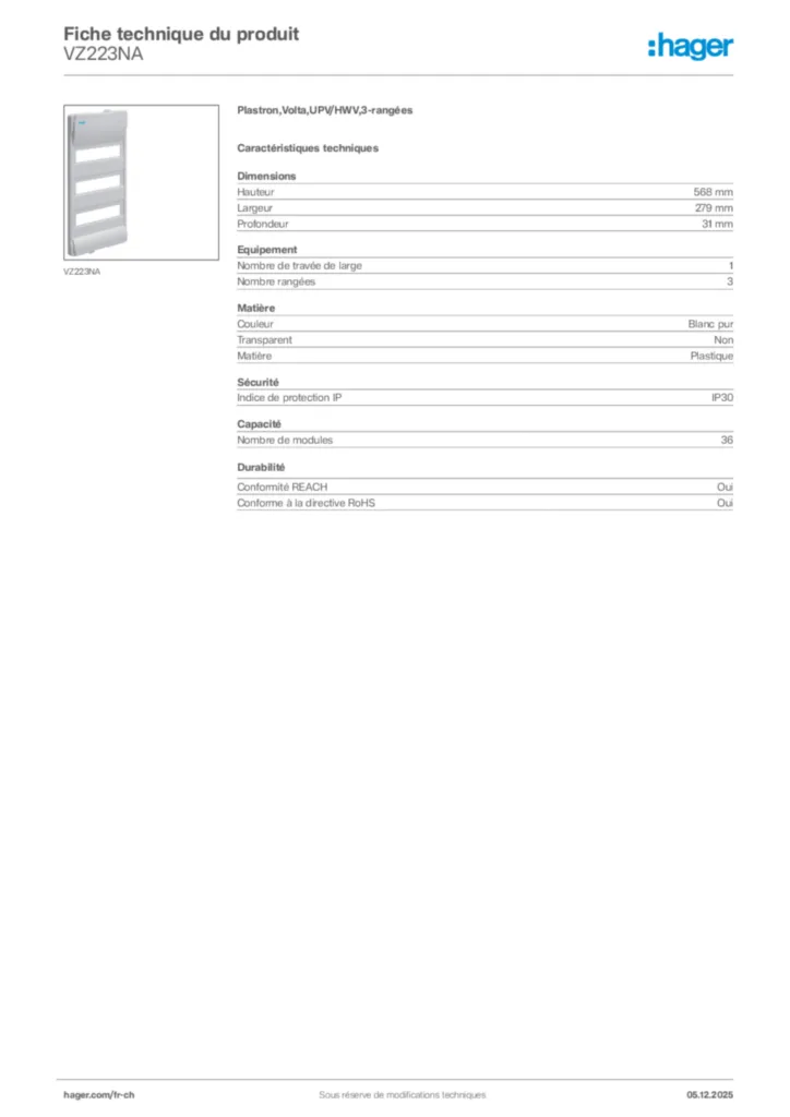 Image Hager Fiche technique du produit VZ223NA | Hager Suisse