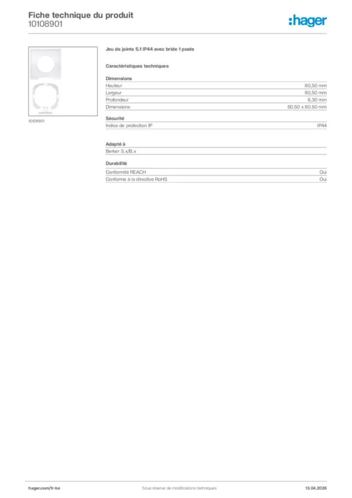 Image Hager Fiche technique du produit 10108901 | Hager Belgique