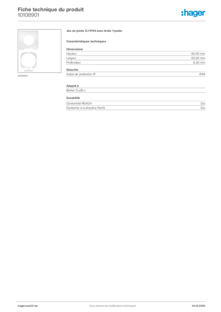 Image Hager Fiche technique du produit 10108901 | Hager Belgique