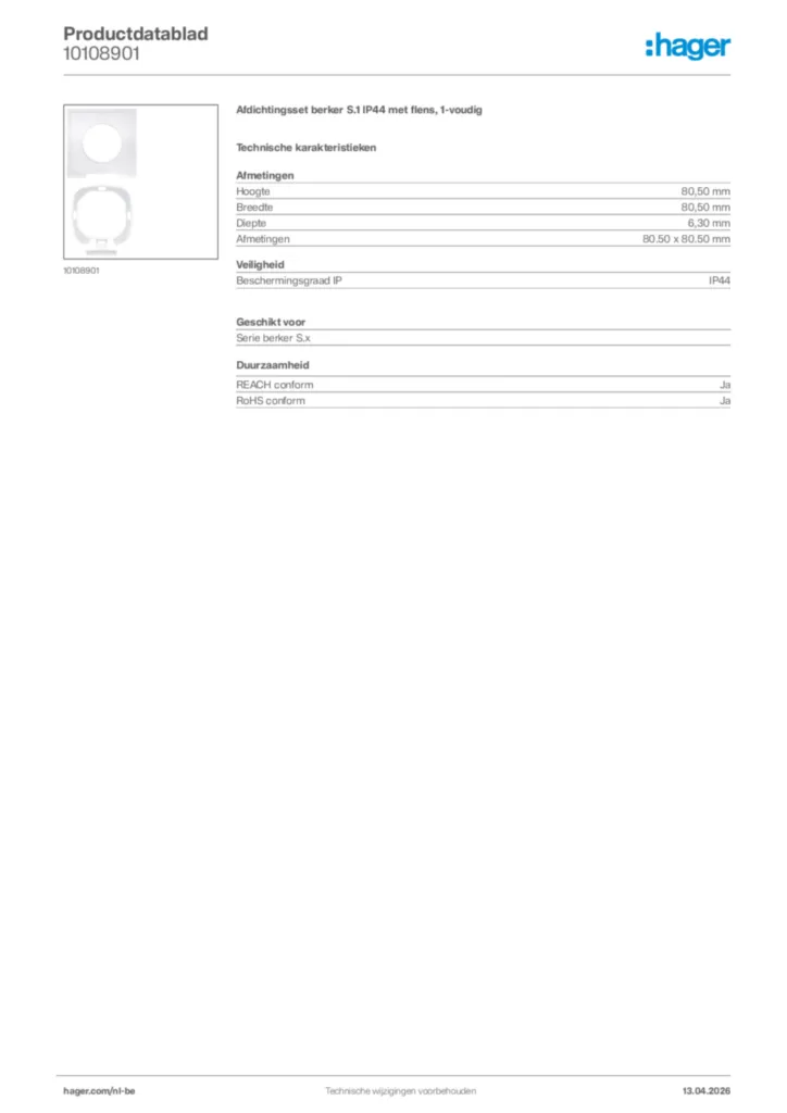 Afbeelding Hager Productdatablad 10108901 | Hager Belgium