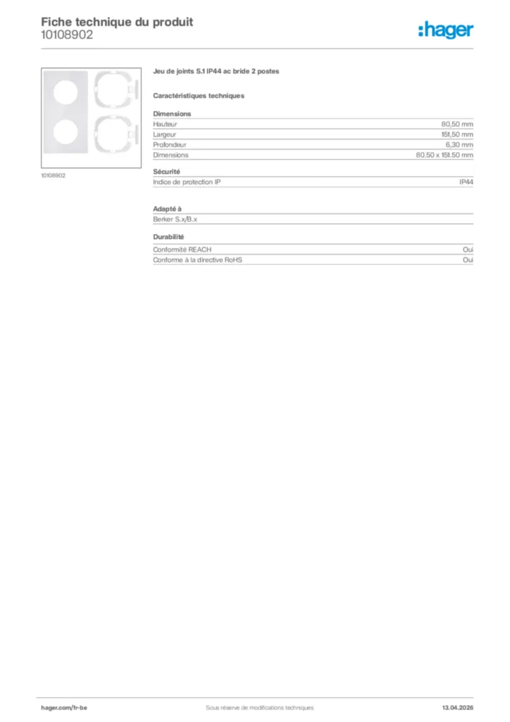 Image Hager Fiche technique du produit 10108902 | Hager Belgique