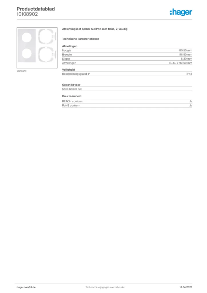 Afbeelding Hager Productdatablad 10108902 | Hager Belgium