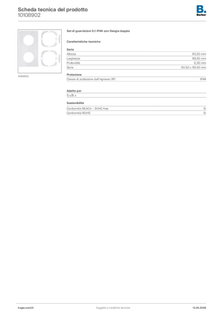 Immagine Berker Scheda tecnica del prodotto 10108902 | Hager Italia