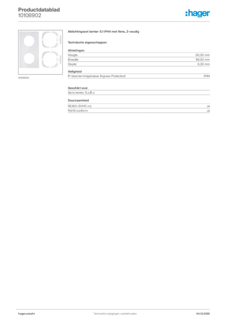 Afbeelding Hager Productdatablad 10108902 | Hager Nederland