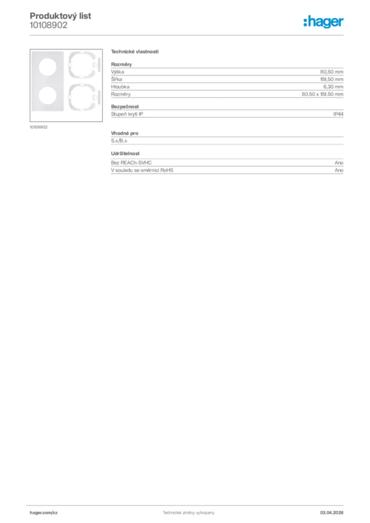 Obrázek Hager Product data sheet 10108902 | Hager