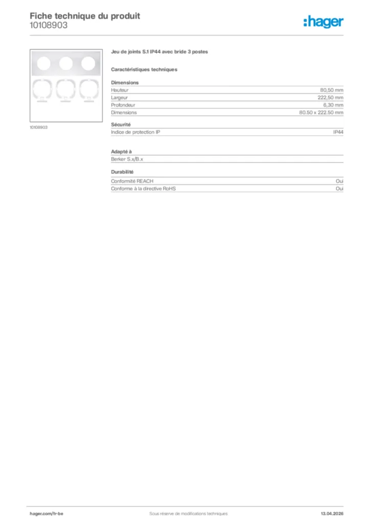 Image Hager Fiche technique du produit 10108903 | Hager Belgique