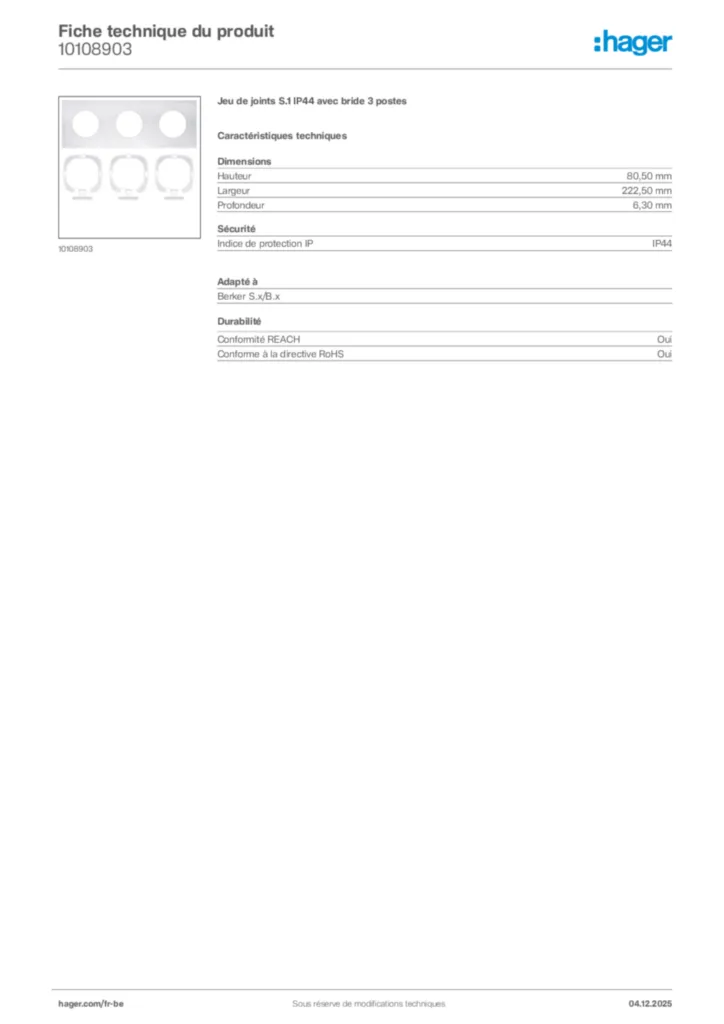 Image Hager Fiche technique du produit 10108903 | Hager Belgique