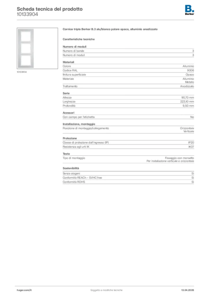 Immagine Berker Scheda tecnica del prodotto 10133904 | Hager Italia