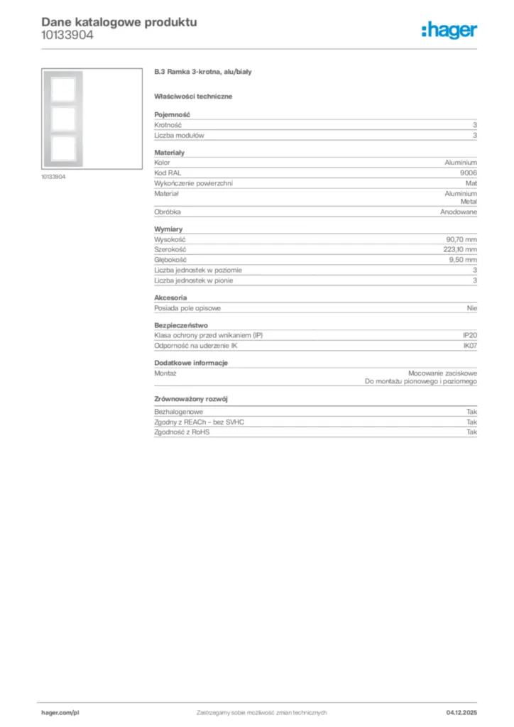 Zdjęcie Hager Dane katalogowe produktu 10133904 | Hager Polska