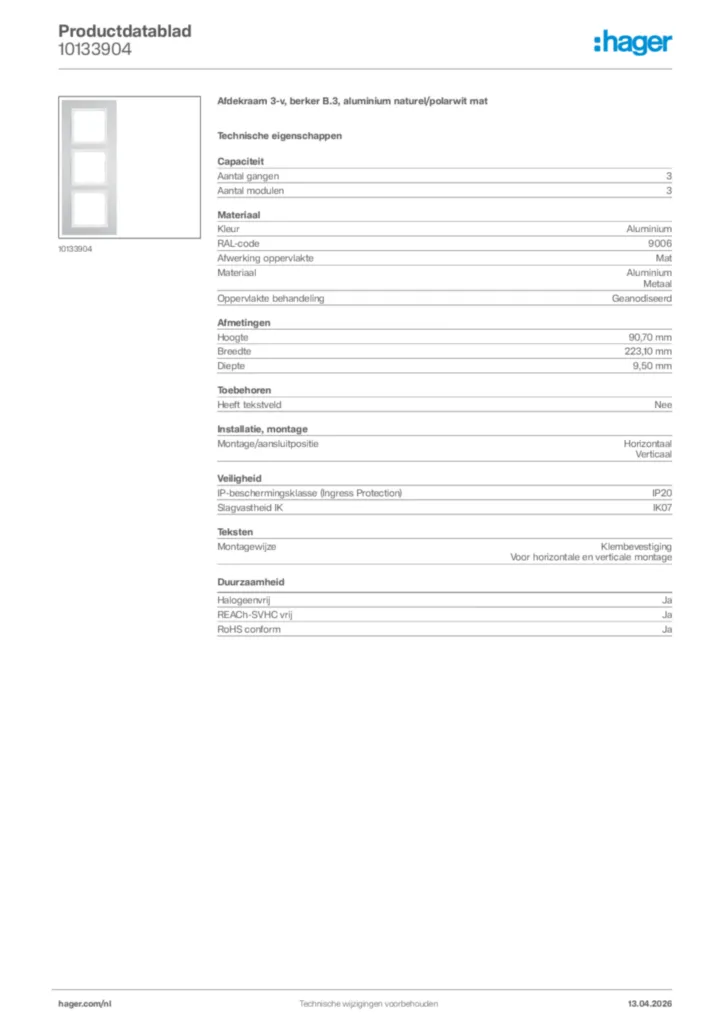 Afbeelding Hager Productdatablad 10133904 | Hager Nederland