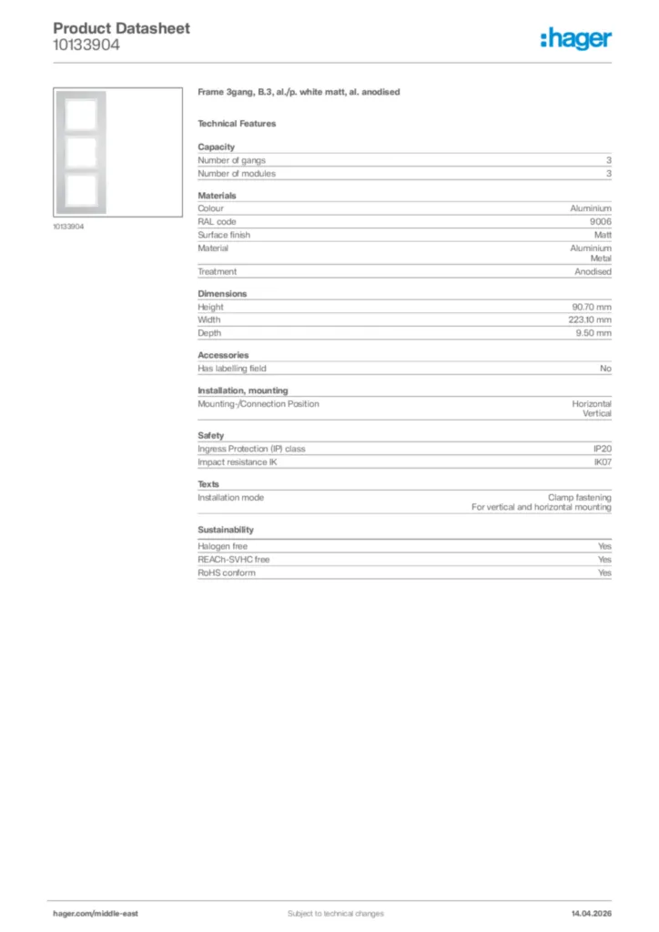 Image Hager Product data sheet 10133904  | Hager