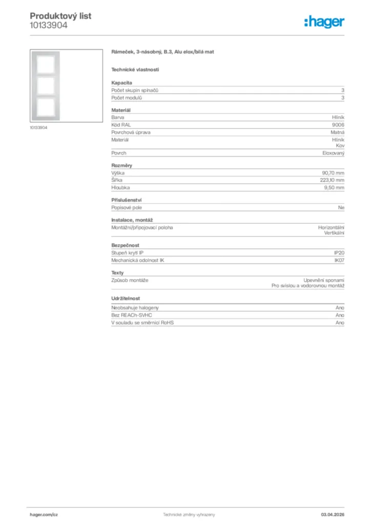 Obrázek Hager Product data sheet 10133904 | Hager