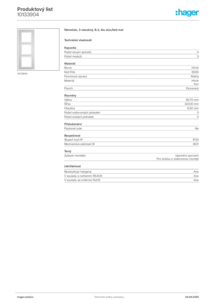 Obrázek Hager Produktový list 10133904 | Hager