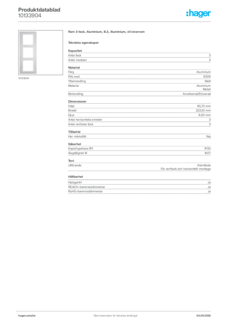 Bild Hager Produktdatablad 10133904 | Hager Sverige