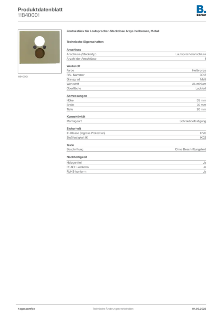 Bild Berker Produktdatenblatt 11840001 | Hager Deutschland
