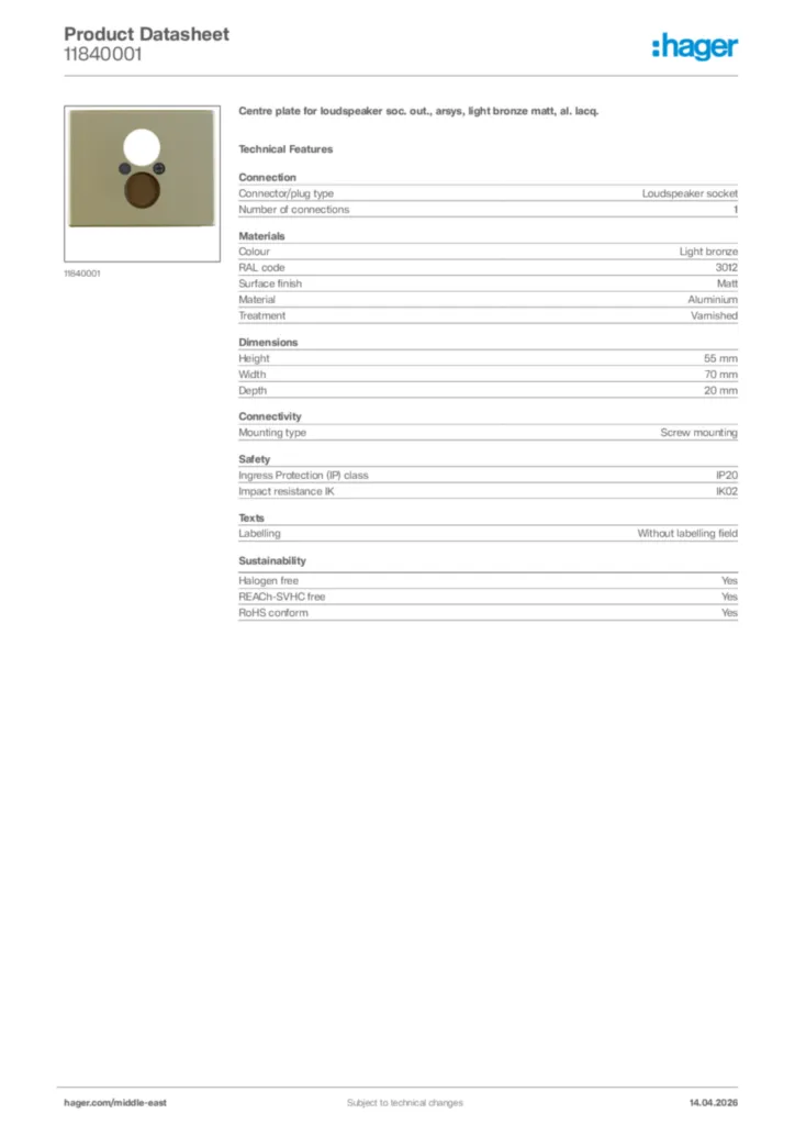 Image Hager Product data sheet 11840001  | Hager