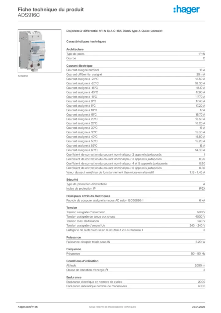 Image Hager Fiche technique du produit ADS916C | Hager Suisse