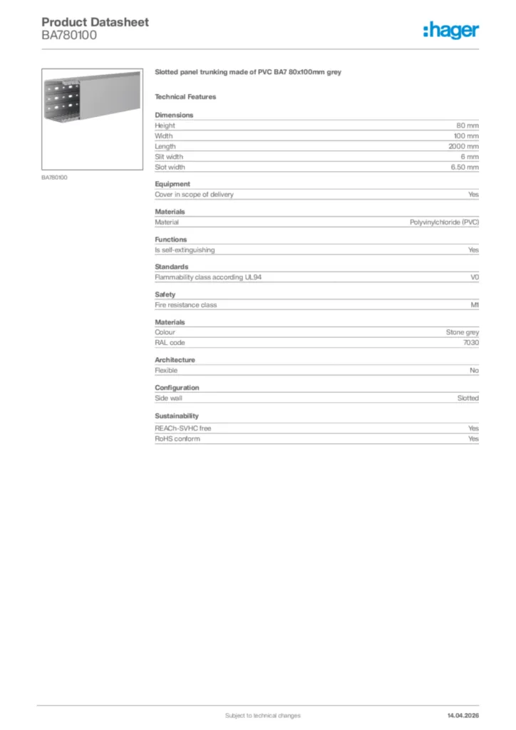 Image Hager Product data sheet BA780100  | Hager Africa