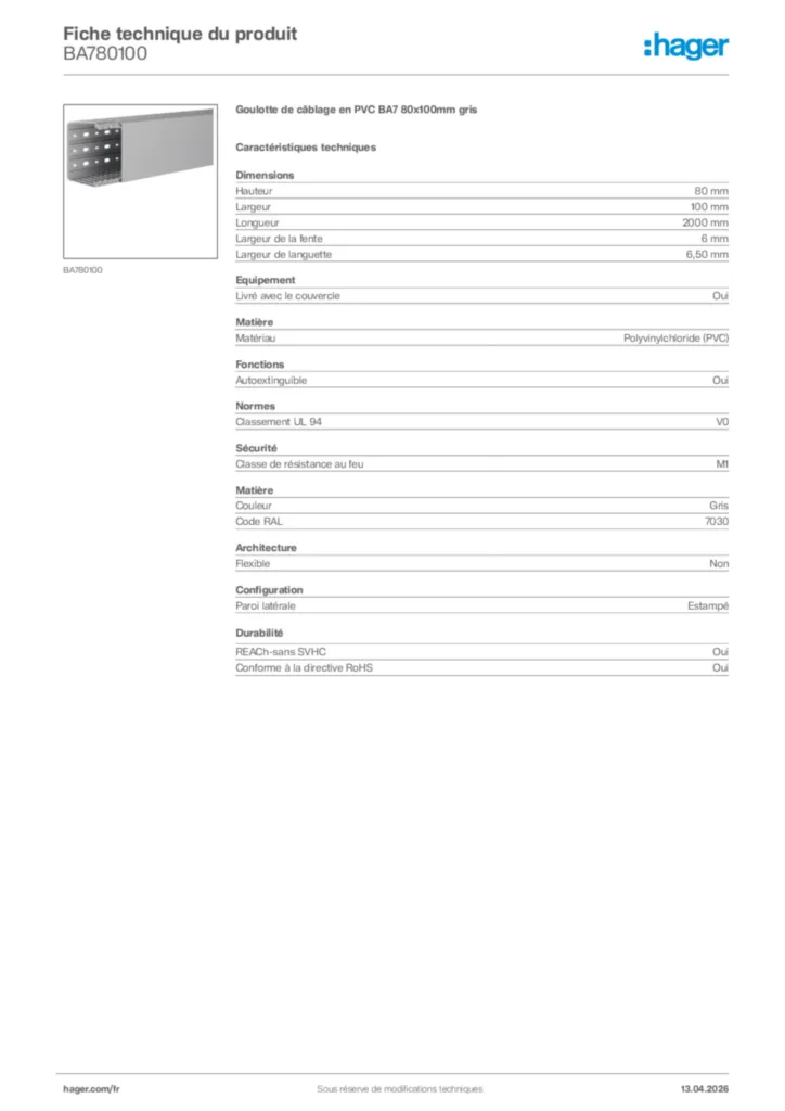 Image Hager Fiche technique du produit BA780100 | Hager France