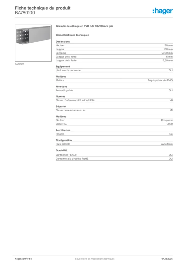 Image Hager Fiche technique du produit BA780100 | Hager Belgique