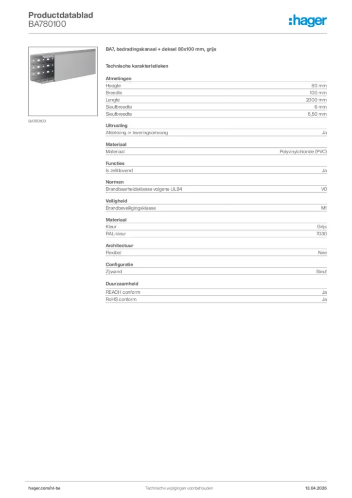 Afbeelding Hager Productdatablad BA780100 | Hager Belgium