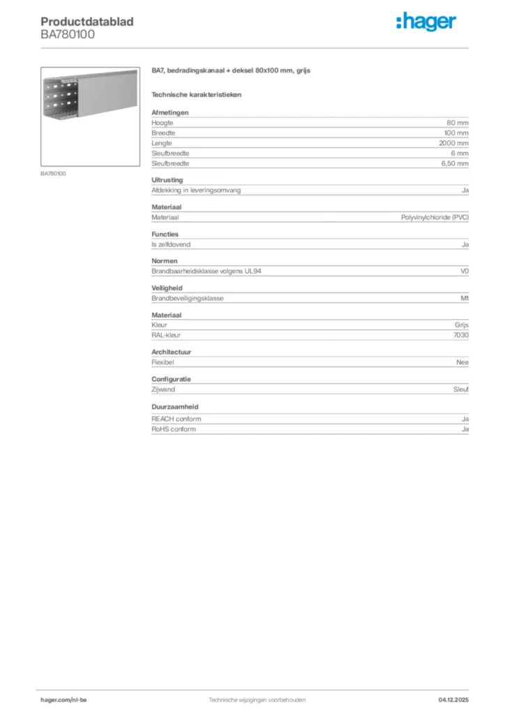 Afbeelding Hager Productdatablad BA780100 | Hager Belgium