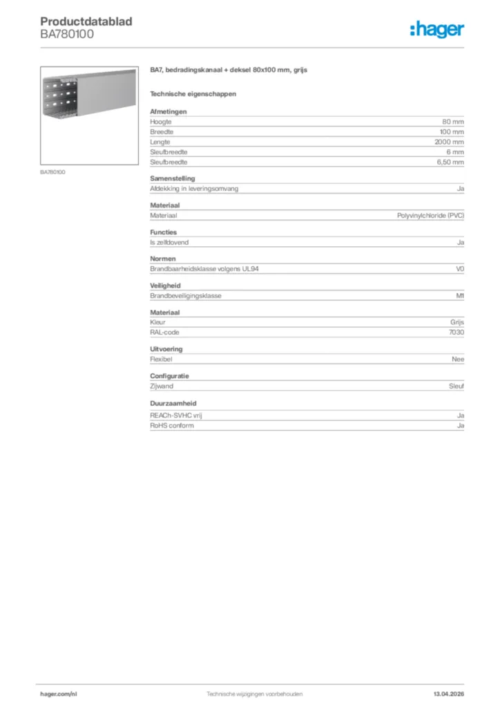 Afbeelding Hager Productdatablad BA780100 | Hager Nederland
