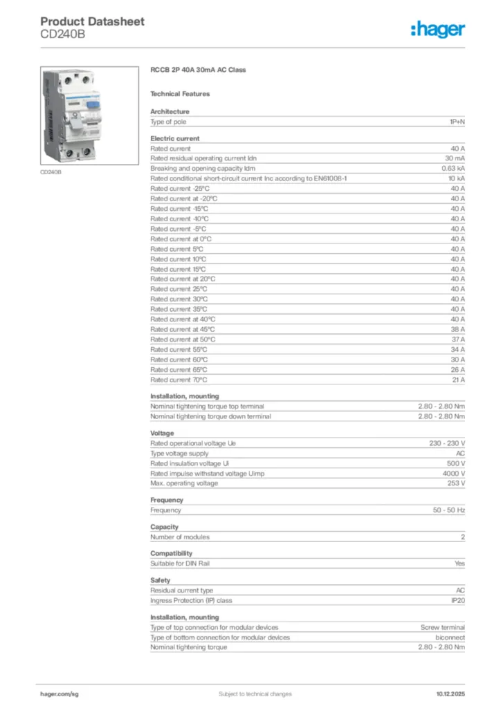 Image Hager Product data sheet CD240B  | Hager