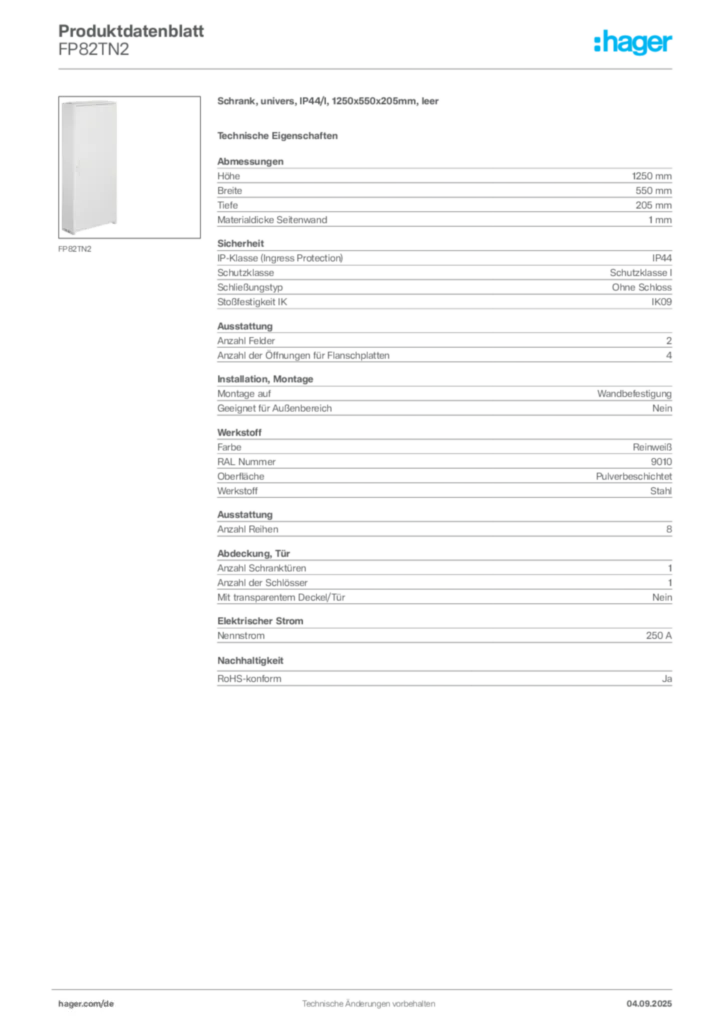 Bild Hager Produktdatenblatt FP82TN2 | Hager Deutschland