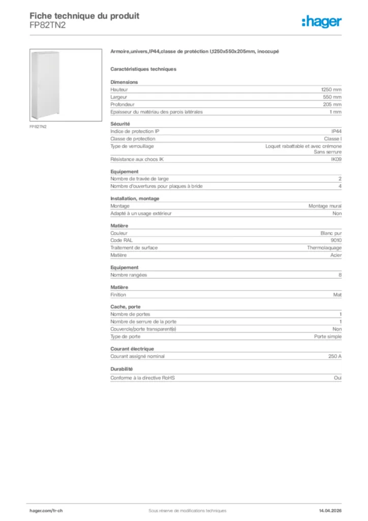 Image Hager Fiche technique du produit FP82TN2 | Hager Suisse