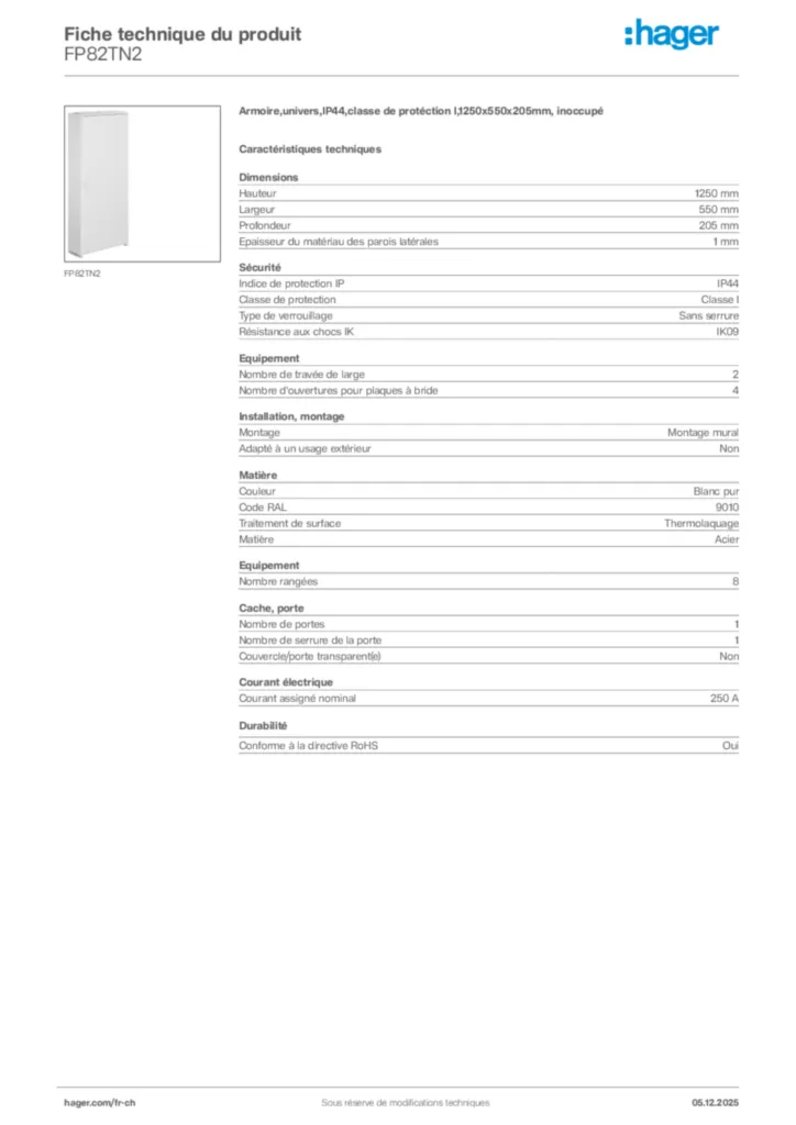 Image Hager Fiche technique du produit FP82TN2 | Hager Suisse
