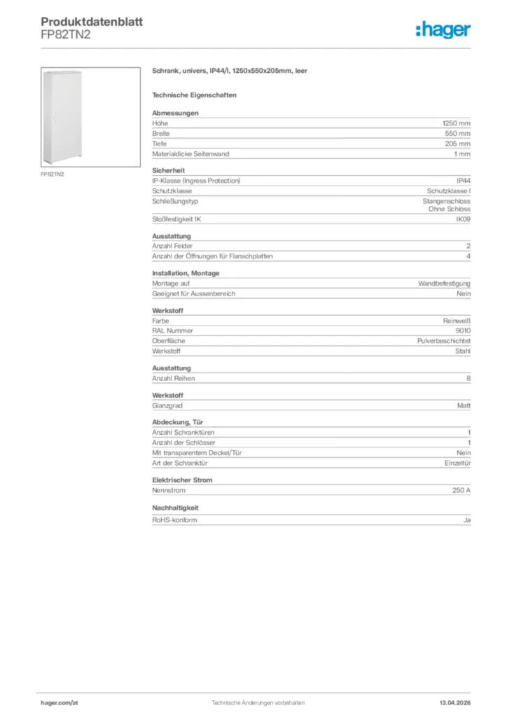 Bild Hager Produktdatenblatt FP82TN2 | Hager Deutschland
