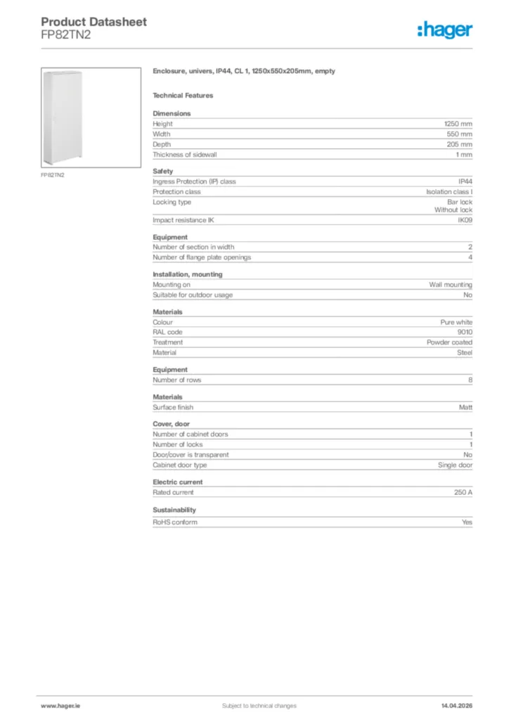Image Hager Product data sheet FP82TN2  | Hager