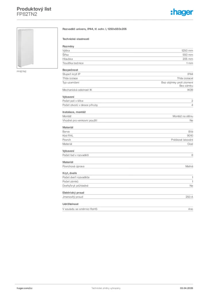 Obrázek Hager Product data sheet FP82TN2 | Hager