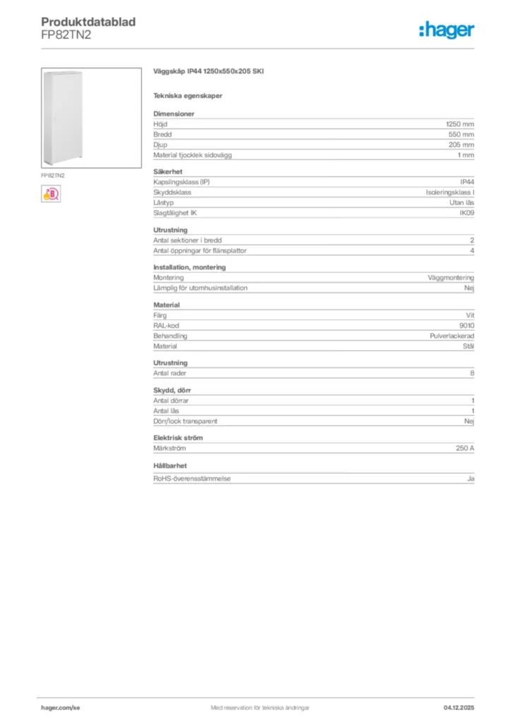 Bild Hager Produktdatablad FP82TN2 | Hager Sverige