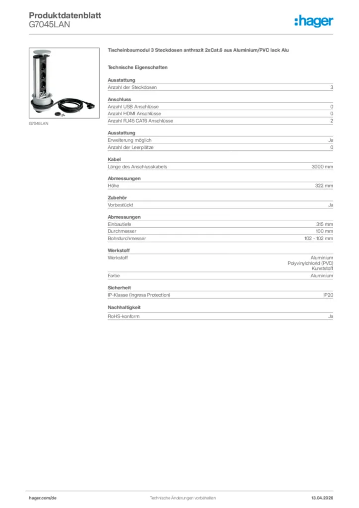 Bild Hager Produktdatenblatt G7045LAN | Hager Deutschland