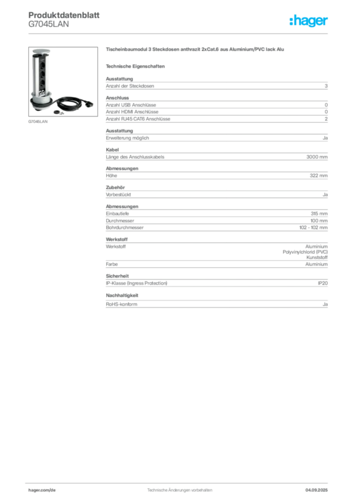 Bild Hager Produktdatenblatt G7045LAN | Hager Deutschland